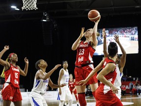 Canada's Quinn Dornstauder (23) goes up for the shot against the Dominican Republic during second half action of FIBA Women's Olympic Pre Qualifying Tournaments Americas in November. (Jason Franson/The Canadian Press)