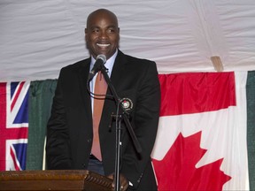 Carlos Delgado speaks during his induction to the Canadian Baseball Hall of Fame in St. Marys, Ont. on Saturday June 13, 2015. (Postmedia Network)
