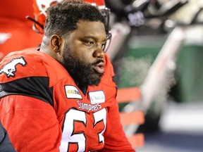 Derek Dennis in the final minutes of a 35-14 loss to the Winnipeg Blue Bombers in the 2019 CFL West Division semi final in Calgary on Sunday, November 10, 2019.