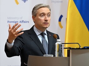 Foreign Affairs Minister Francois-Philippe Champagne speaks during a joint press conference with his Ukrainian counterpart following their meeting in Kiev on March 4, 2020.