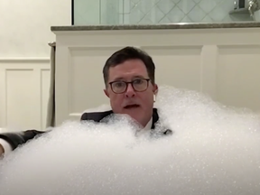 Stephen Colbert hosted his late-night show from his bathtub this week. (CBS)
