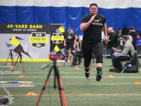 Troy Curtis takes part in the 2020 Ontario Regional Combine in Toronto on Thursday. The CFL said it will suspend its activities for the time being due to the global coronavirus pandemic. (Dave Abel/Toronto Sun)