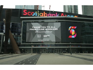 The Scotiabank arena offers up encouragement and support to all its workers   on Saturday March 28, 2020. Jack Boland/Toronto Sun/Postmedia Network