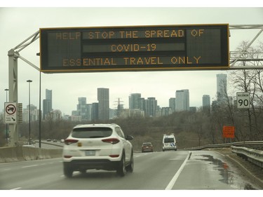 A pixel board on the southbound Don Valley Parkway tells people about travel   on Saturday March 28, 2020. Jack Boland/Toronto Sun/Postmedia Network