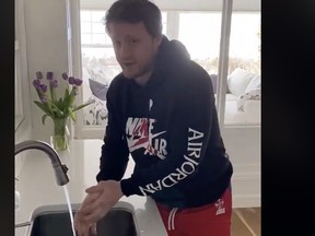 Maple Leafs defenceman Morgan Rielly washes his hands in a coronavirus public service announcement from the team posted to social media.