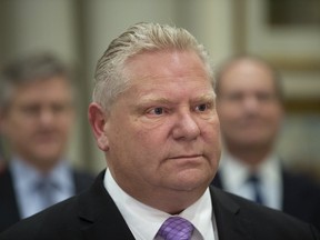 Ontario Premier Doug Ford delivers a message via video to Ontario residents from his office regarding the province's efforts to manage the coronavirus pandemic on Friday, March 13, 2020.