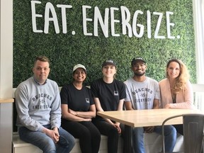 The Freshii Beaches team members who will be make 120 salads for the vulnerable on Saturday, from left, Matthew Wood, Rinu Jose, Natasha Grey, Amanuel Gebeyehu, and owner Libby Garg.