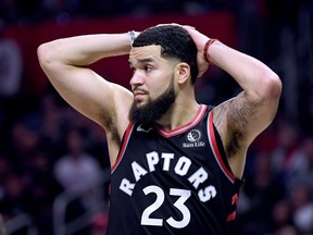 Second-nature things such as wiping his face, playing with his beard or even high-fiving a teammate may find their way out of Fred VanVleets’ routine during games because of the coronavirus.                                     Harry How/Getty Images