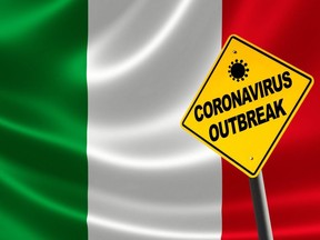 Coronavirus COVID-19 outbreak warning against Italian flag.