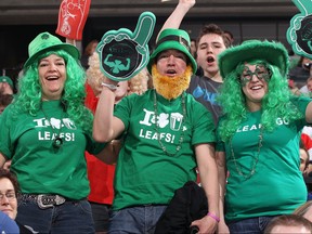 Fans celebrate St. Patrick's Day during the Ottawa Senators and Toronto Maple Leafs NHL game at Scotiabank Place on March 17, 2012 in Ottawa, Ontario, Canada.  (Jana Chytilova/Freestyle Photography/Getty Images)