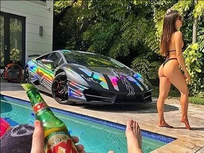 Lamborghini. Check. Babe in bikini. Check. Cold beer. Check. This Instagram Rich Kid is still living large.