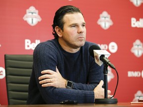 Head coach Greg Vanney of Toronto FC listens to a question during a press conference on November 13, 2019. (Veronica Henri/Postmedia Network)