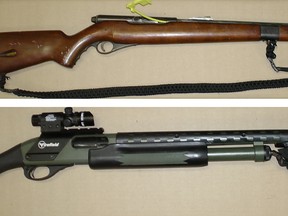 Investigators recently seized this rifle (top) and shotgun (bottom), as well as an undisclosed amount of cocaine, when they executed a search warrant at a hotel on Bloor St. in Oshawa. (Durham Regional Police handout)