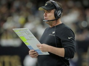 New Orleans Saints head coach Sean Payton looks on during the first quarter of a NFC Wild Card playoff football game against the Minnesota Vikings at the Mercedes-Benz Superdome.