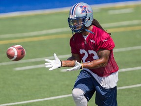 In this 2015 file photo, Montreal Alouettes cornerback Jonathan Hefney of the  takes part in a drill during practice at Stade Hebert in the St. Leonard area of Montreal Tuesday, Aug. 25, 2015.