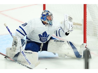 Toronto Maple Leafs goaltender Frederik Andersen (31) makes a glove save in net against the Columbus Blue Jackets in the third period at Nationwide Arena.