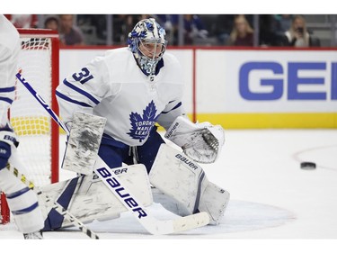 Toronto Maple Leafs goaltender Frederik Andersen (31) prepares to make a save during the second period against the Detroit Red Wings at Little Caesars Arena.
