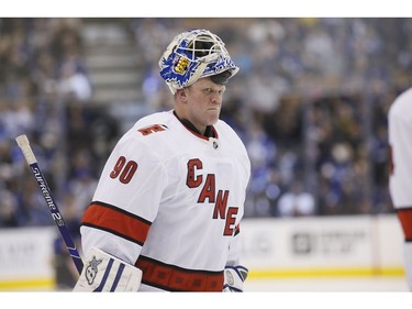 Carolina Hurricanes emergency goaltender David Ayres (90) during a break in the action against the Toronto Maple Leafs at Scotiabank Arena. Carolina defeated Toronto.