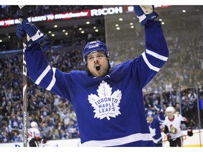 Toronto Maple Leafs centre Auston Matthews (34) celebrates after scoring his second goal during the second period against the Ottawa Senators at Scotiabank Arena Oct. 2, 2019.