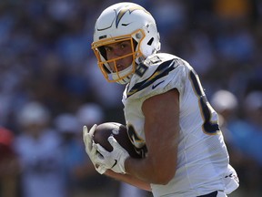 Chargers tight end Hunter Henry makes a catch against the Colts during first half NFL action at Dignity Health Sports Park in Carson, Calif., on Sept. 8, 2019.