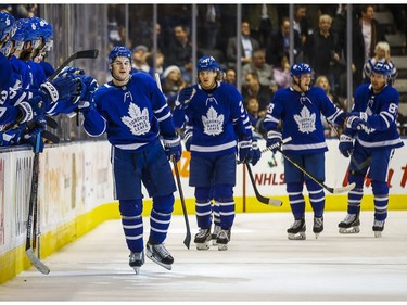 Toronto Maple Leafs Zach Hyman celebrates his goal during 2nd period action against Colorado Avalanche at the Scotiabank Arena in Toronto on Wednesday December 4, 2019.