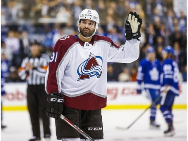 Colorado Avalanche forward Nazem Kadri acknowledges the fans following an on-screen tribute to his time with as a Leafs' player during a break in the action against the Toronto Maple Leafs during 1st period at the Scotiabank Arena in Toronto on Wednesday December 4, 2019.