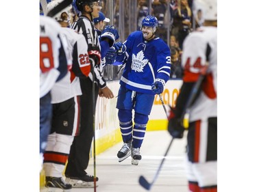 Toronto Maple Leafs Auston Matthews celebrates his second goal of the game during 2nd period NHL hockey action during the home opener against Ottawa Senators at the Scotiabank Arena in Toronto on Wednesday October 2, 2019.