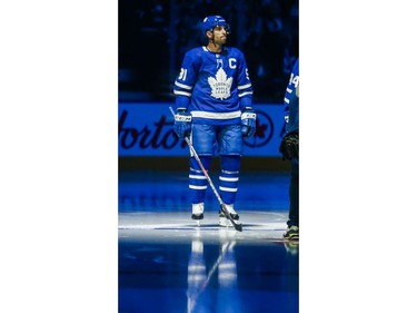 Toronto Maple Leafs introduce the new captain John Tavares before first period NHL hockey action during the home opener  against Ottawa Senators at the Scotiabank Arena in Toronto on Wednesday October 2, 2019.