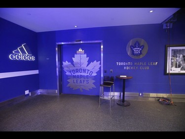 Inside the Scotiabank Arena it was supposed to be game day until the NHL suspended operations - along with other leagues - as the Covid-19 Coronavirus pandemic takes hold throughout the world. (Pictured) The Maple Leafs dressing room was locked shut  in Toronto on Thursday March 12, 2020. Jack Boland/Toronto Sun/Postmedia Network