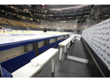 Inside the Scotiabank Arena it was supposed to be game day until the NHL suspended operations - along with other leagues - as the Covid-19 Coronavirus pandemic takes hold throughout the world. (Pictured)The Toronto Maple Leafs bench will remain unmanned until further notice  in Toronto on Thursday March 12, 2020. Jack Boland/Toronto Sun/Postmedia Network