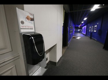 Inside the Scotiabank Arena it was supposed to be game day until the NHL suspended operations - along with other leagues - as the Covid-19 Coronavirus pandemic takes hold throughout the world. (Pictured) Dispensers of hand sanitizer are omnipresent throughout the hallways of the arena  in Toronto on Thursday March 12, 2020. Jack Boland/Toronto Sun/Postmedia Network