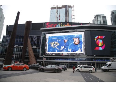 Inside the Scotiabank Arena it was supposed to be game day until the NHL suspended operations - along with other leagues - as the Covid-19 Coronavirus pandemic takes hold throughout the world. (Pictured) Advertisement for tonight's Nashville Predators Toronto Maple Leafs tilt  in Toronto on Thursday March 12, 2020. Jack Boland/Toronto Sun/Postmedia Network