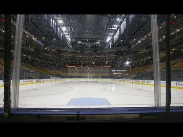 Inside the Scotiabank Arena it was supposed to be game day untill the NHL suspended operations - along with other leagues - as the Covid-19 Coronavirus pandemic takes hold throughout the world. (Pictured) Right behind the net and the clean slate of ice  in Toronto on Thursday March 12, 2020. Jack Boland/Toronto Sun/Postmedia Network