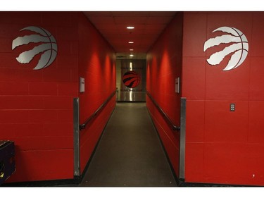 Inside the Scotiabank Arena it was supposed to be game day until the NHL suspended operations - along with other leagues - as the Covid-19 Coronavirus pandemic takes hold throughout the world. (Pictured) Hallway to the Raptors dressing room in Toronto on Thursday March 12, 2020. Jack Boland/Toronto Sun/Postmedia Network