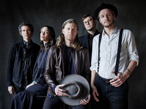 The Lumineers L-R: Byron Isaacs, Lauren Jacobson, Wesley Schultz, Stelth Ulvang and Jeremiah Fraites. (Photo Credit: Danny Clinch)