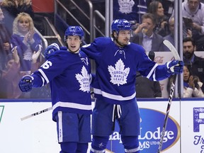 After scoring just three goals in three games in California last week, Maple Leafs linemates Auston Matthews (right) and Mitch Marner were split up at practice on Monday. (John E. Sokolowski/USA TODAY Sports)