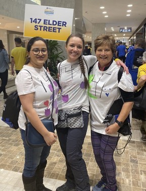 (Left to right) Navkiran Dhesi, nurse manager, Krista Samborsky, director of Resident and Family Relations at 147 Elder St., and Toronto Sun columnist Sue-Ann Levy are seen here together during a walk for Alzheimer’s in January. (supplied photo)