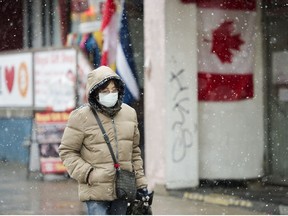 A pedestrian wears a protective mask as she walks in the winter weather downtown in Toronto on Wednesday, February 26, 2020.