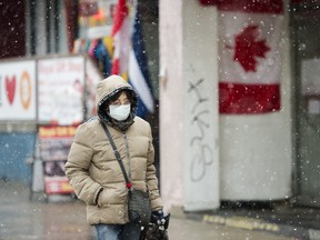 CP-Web.  A pedestrian wears a protective mask as she walks in the winter weather downtown in Toronto on Wednesday, February 26, 2020. The novel coronavirus, known as COVID-19 is expected to turn into a global pandemic. THE CANADIAN PRESS/Nathan Denette ORG XMIT: NSD104