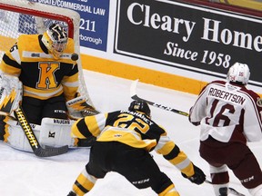 Peterborough Petes' Nick Robertson fires a backhand shot at Kingston Frontenacs' goalie Brendan Bonello . Robertson lea the CHL with 55 goals before the season was called off. Postmedia files