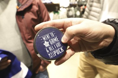 Finnish fan Mikael Pesonen said the souvenir he picked up is kind of ironic as he and his friends were excited to end their two-week NHL trip in Toronto, after seeing games in Chicago and Detroit, on Thursday, March 12, 2020. (Jack Boland/Toronto Sun/Postmedia Network)