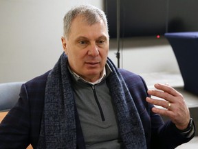 CFL commissioner Randy Ambrosie talks to the media at Investors Group Field on Feb. 26, 2020.