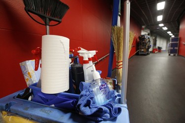 A bottle of hand sanitizer is omnipresent near the Nashville Predators dressing room in Toronto on Thursday March 12, 2020. (Jack Boland/Toronto Sun/Postmedia Network)