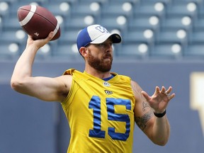 Quarterback Matt Nichols, then of the Winnipeg Blue Bombers, throws during the team's workout before a 2019 game. (KEVIN KING/Postmedia files)