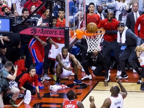 Kawhi Leonard watches as his buzzer-beater seals the Raptors’ Game 7 win over the 76ers in the playoffs on May 12, 2019. (Stan Behal/Toronto Sun/Postmedia Network))