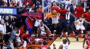 Kawhi Leonard watches as his buzzer-beater seals the Raptors’ Game 7 win over the 76ers in the playoffs on May 12, 2019. (Stan Behal/Toronto Sun/Postmedia Network))