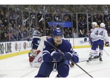 Toronto Maple Leafs center Auston Matthews (34) ties the game late in the 3rd period but the Toronto Maple Leafs go on to lose in a shootout against the Montreal Canadiens at the Scotiabanmk Arena  in Toronto on Saturday October 5, 2019.