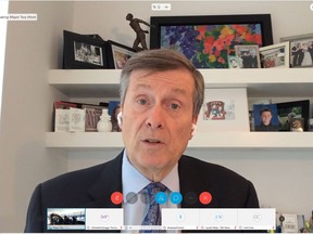 A self-quarantined Toronto Mayor John Tory takes questions during a video press conference from his home on Monday, March 23, 2020.