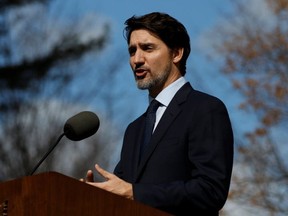 Canada's Prime Minister Justin Trudeau speaks at a news conference at Rideau Cottage in Ottawa, Ontario, Canada on Friday, March 13, 2020. (REUTERS/Blair Gable)
