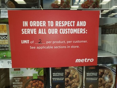 Limits on frozen food products at a Metro store on Friday March 27, 2020. Veronica Henri/Toronto Sun/Postmedia Network